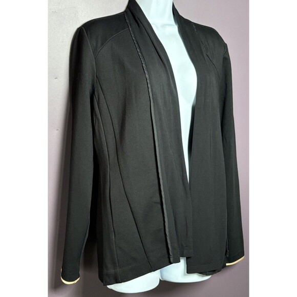 H Halston Open Front Blazer Jacket Women’s Size Medium Black Ivory Trim Office - Picture 2 of 10